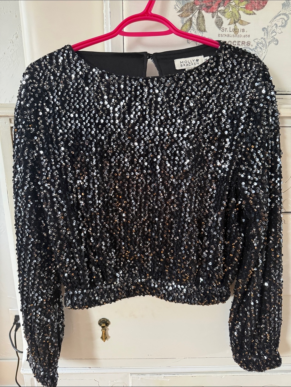 Molly Bracken Black Sequin Cropped Long-Sleeve Top